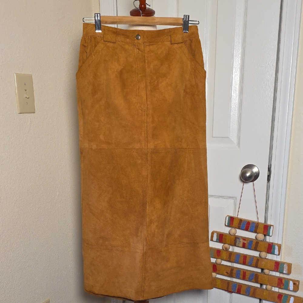 Vintage Butter Soft Suede Midi Skirt with Button Back Vent
